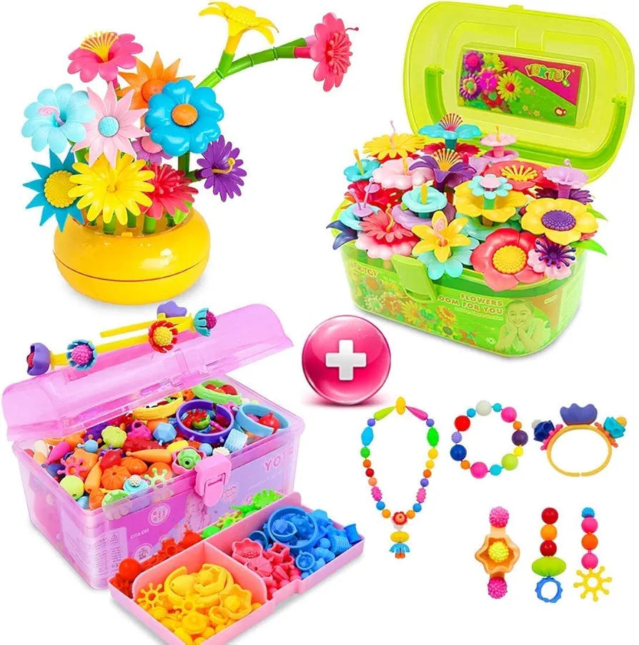 VERTOY Flower Garden Building Toy Set Bundle with Pop Beads Jewelry Making Kit, Best Gift for 3-6 Years Old Girls and Toddlers, Value 2 Packs