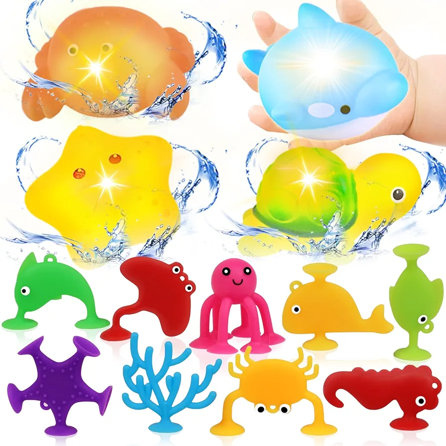 Baby Bath Toys for Kids Ages 1-3, No Hole Light Up Bath Toys for Babies 6-12 Months, Sensory Suction Cup Bath Toys for Toddlers 2-4, Ocean Animal Bathtub Pool Toys Gifts for 1 2 3 Year Old Boy Girl