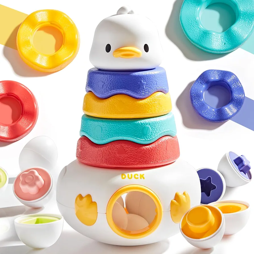 LTKFFFdp 3-in-1 Baby Toys 12-18 months, Stacking Ring Toys for Toddlers 1-3, 6 Pcs Eggs Toy Matching Game Shape Sorter, Roly-poly Sensory Toys Montessori Early Learning Gifts for Girls Boys