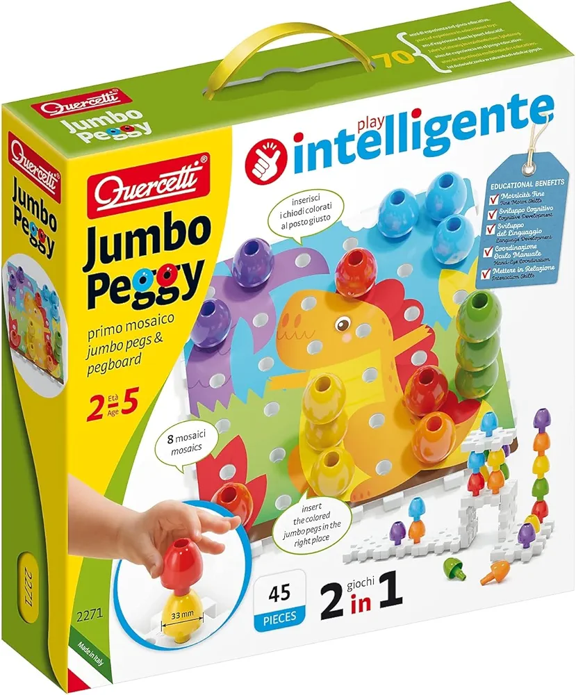 Quercetti - Jumbo Peggy Medium - Stacking Peg Toy with Illustrated Cards and 9 Linking Boards and 36 Pegs, for Kids Ages 2 Years +