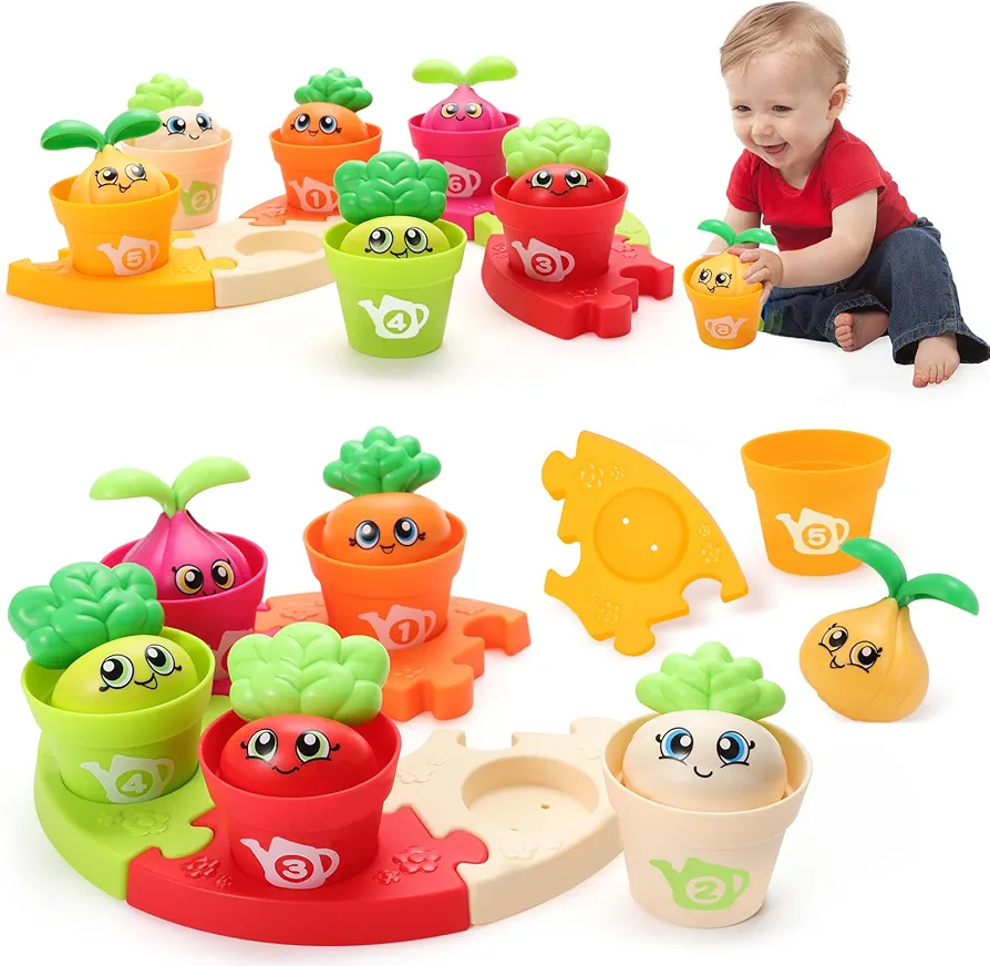 MOONTOY Baby Montessori Stacking Toys Learning Toys for 1 + Year Old 18pcs Plant Flower Pots & Puzzles Set, Color Sorting Toys for Toddlers 1-3, Birthday Gifts for 2 Year Old Girls Boys