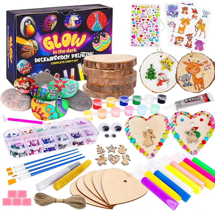 Wooden and Rock Painting Kit-8 Rocks+10 Wood Decorating Kits（Glow in the Dark),Arts and Crafts for Kids Ages 3,4-6,7,8-12,Creative Activities Birthday Christmas Art Supplies Gifts for Girls and Boys