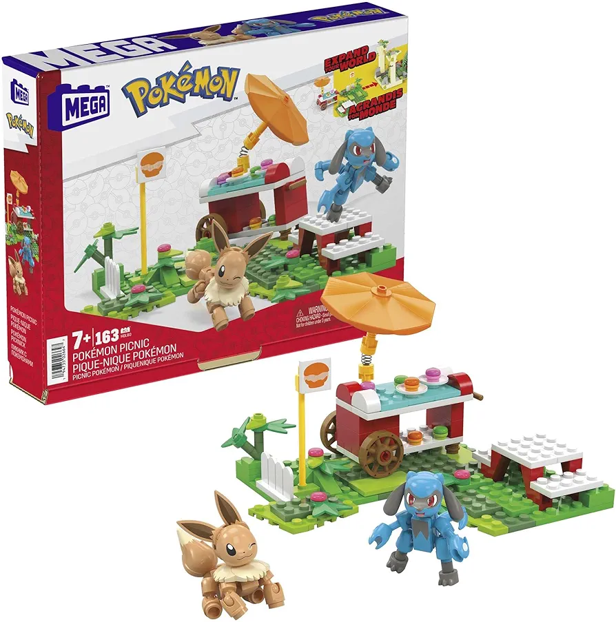 MEGA Pokémon Action Figure Building Toys Set, Pokémon Picnic with 193 Pieces, 2 Poseable Characters, Eevee and Riolu, Gift Idea for Kids