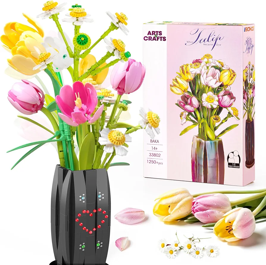 BAKA Tulips Flowers Bouquet Toys Building Set for Adults - Artificial Flowers with Daisy & Vase, Arts and Crafts for Kids, Home Decor, Birthday for Her, Him, Mothers-580pcs