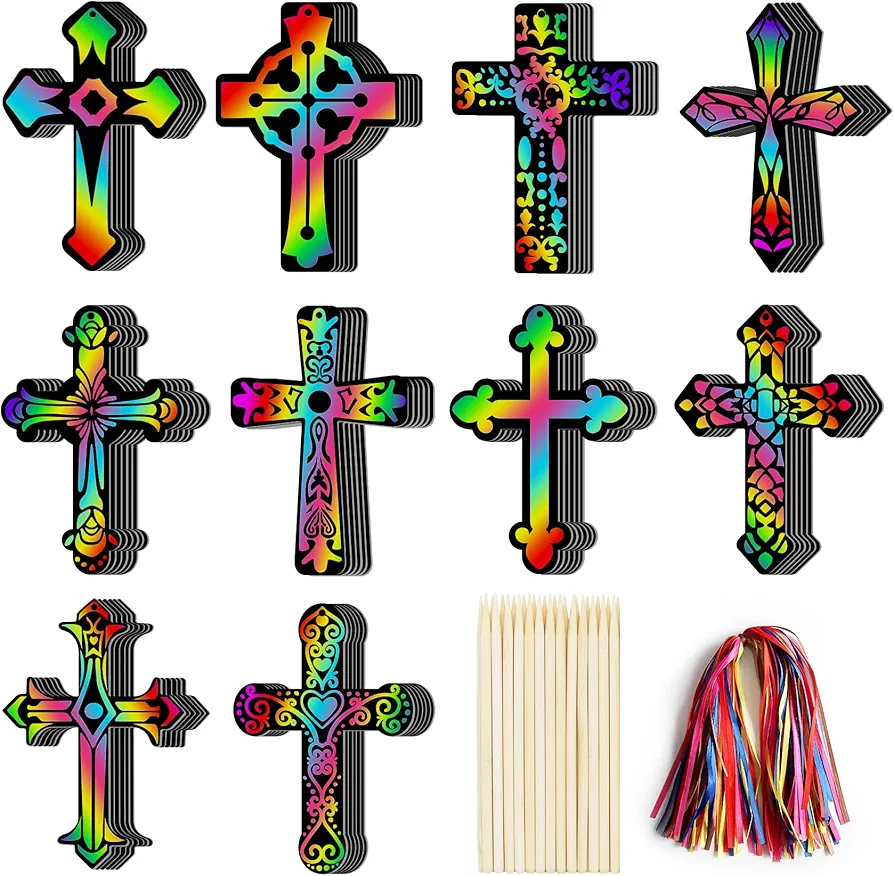 ZMLM Art-Craft Scratch Cross Ornament: 60 Pcs Rainbow Scratch Paper Set Classroom DIY Party Favor for Boy Girl Sunday School Art Supplies Easter Christian Gift for Kid Age 3 4 5 6 8 10 Year Old