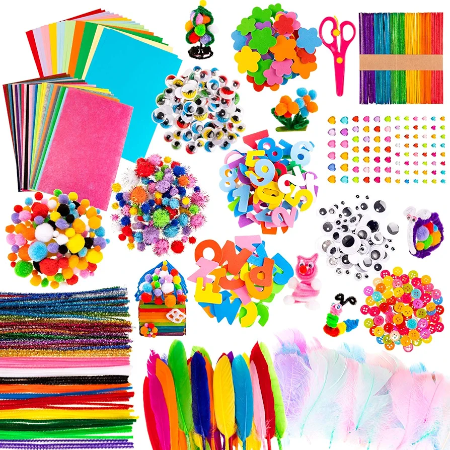 Whaline 1050 PCS Art Craft Kit Supplies 17 Styles Pipe Cleaners Pompoms Wiggle Googly Eyes Foam Flowers Letters Construction Papers Safety Scissors Sticks Heart Stickers Feather Felt Cloth Button