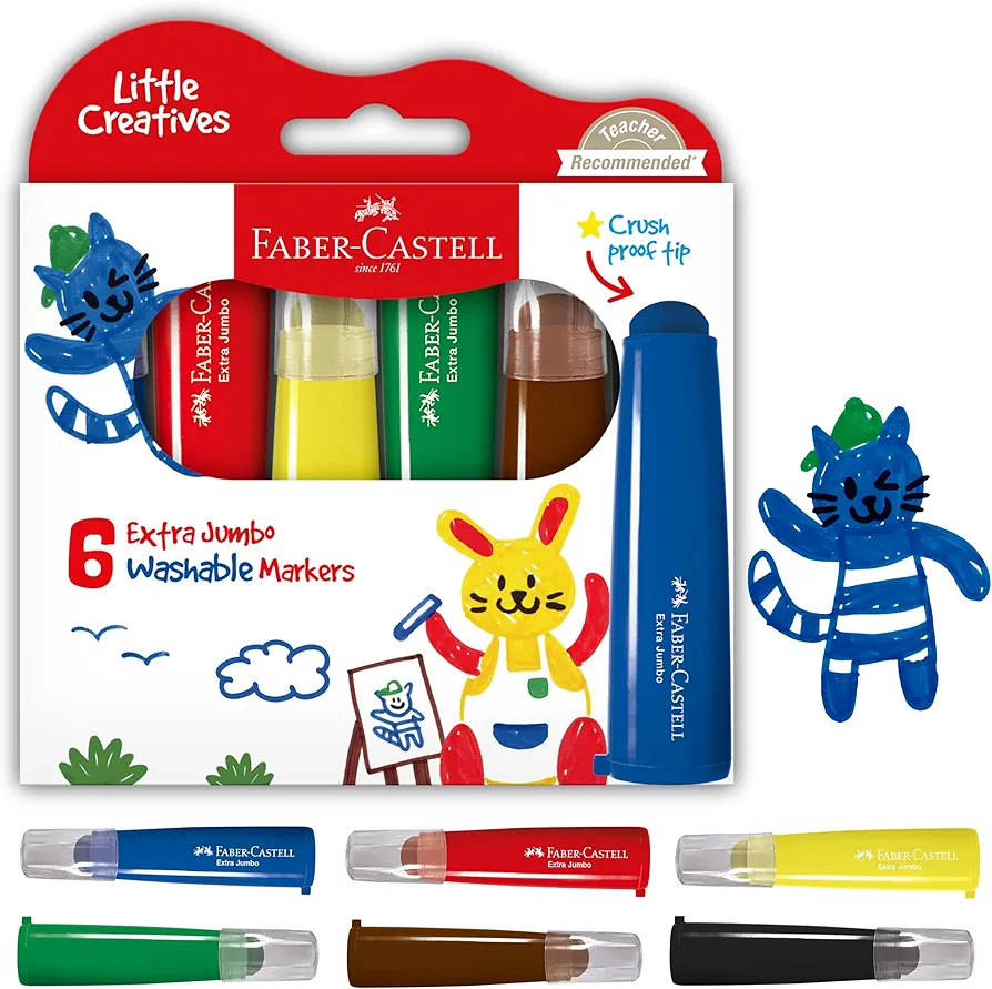 Faber-Castell Little Creatives Extra Jumbo Ultra Washable Markers for Kids - 6 Colors, Back to School Supplies, Art Supplies for Kids Toddlers, Preschool Ages 3+