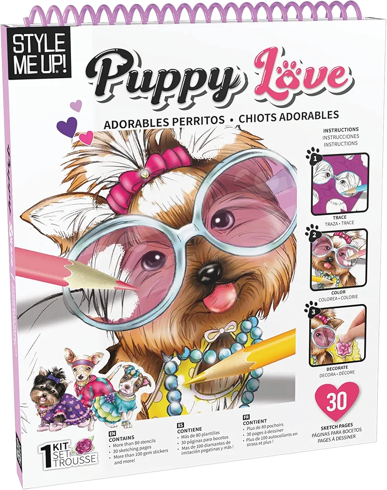 Style Me Up, Puppy Love, Kids Art Kit, includes 30 Model Templates to Choose from, Over 80 Fashion Stencils to Help Kids Create Designs with Ease, for Ages 8 and up