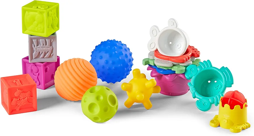 Infantino Sensory Balls, Blocks & Cups 16 Piece Set - Textured, Soft & Colorful Toys Includes 4 Balls, 8 Stack & Nest Cups, 4 Squeeze Blocks, Ages 0 Months +