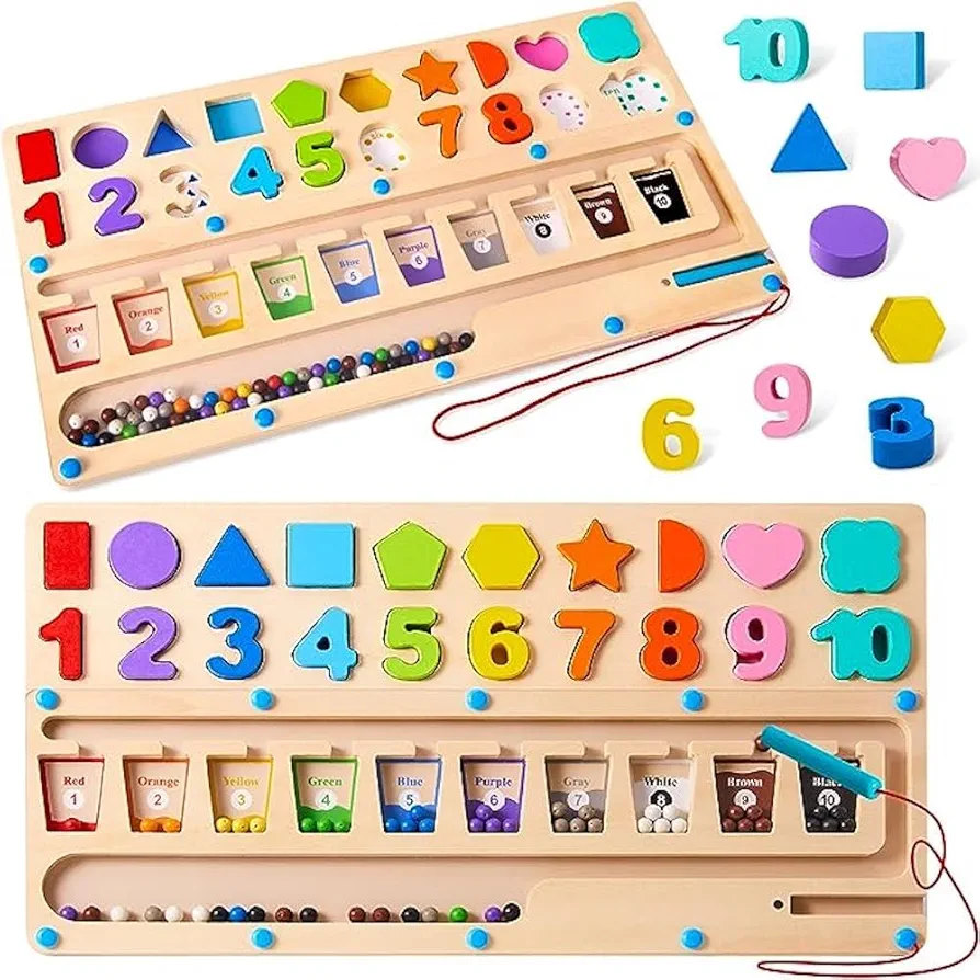 k'onijo 3-in-1 Montessori Educational Learning Toys for 3+ Year Olds: Magnetic Color and Number Maze, Shape Sorting, and Wooden Puzzle Building Blocks Set for Preschoolers