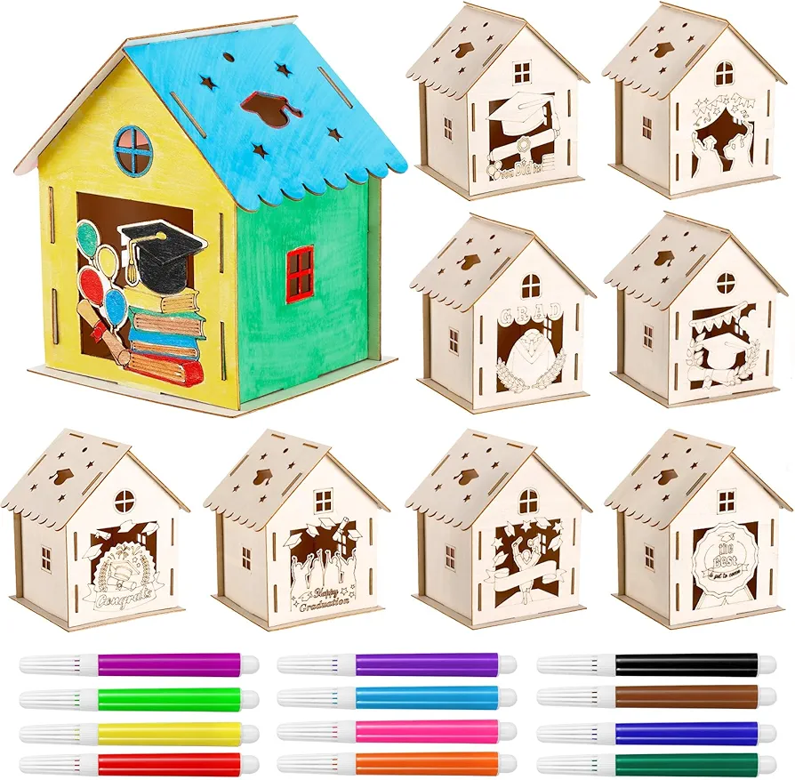 DoubleFill 9 Pcs Graduation Graffiti Crafts Grad Wood Houses for Crafts with 12 Watercolor Pens Wooden Houses to Paint for Kids DIY Art Paint Graduation Party Ornaments Supplies