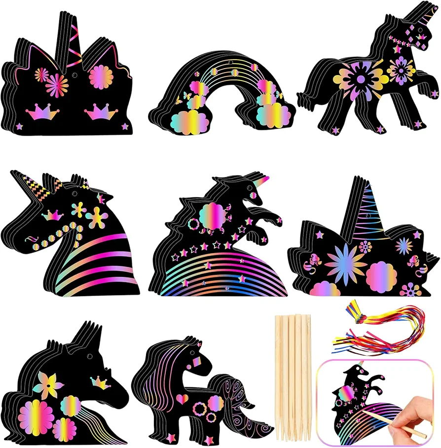 48 Pcs Unicorn Scratch Craft Art Ornaments, Scratch Cards Art Set, Unicorn Birthday Decorations for Girls Boys, Unicorn Party Favors, Unicorn Craft with Ribbon and Wood Stylus, School Crafts for Kids