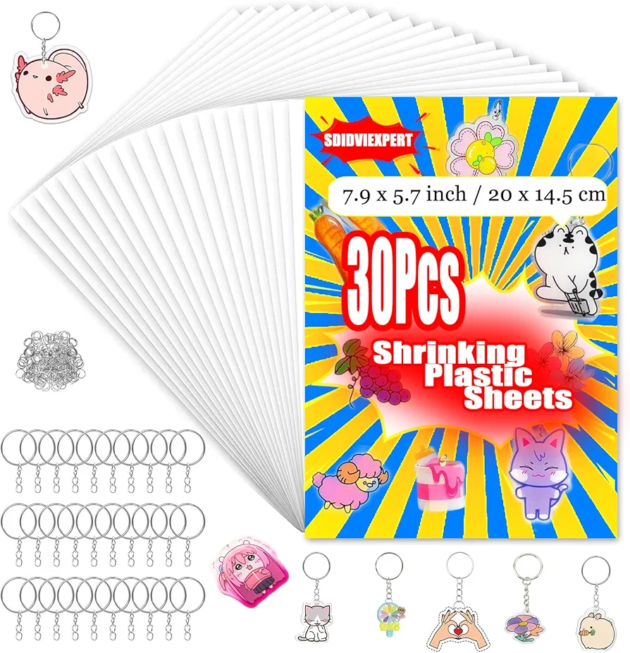 SDIDVIEXPERT Shrink Plastic Sheets Kit,30PCS 7.9 x 5.7 inch Shrink Paper Sheets and 30PCS Keychains and 100PCS Open Iron Ring for Kids DIY Creative Craft and Art Supplies