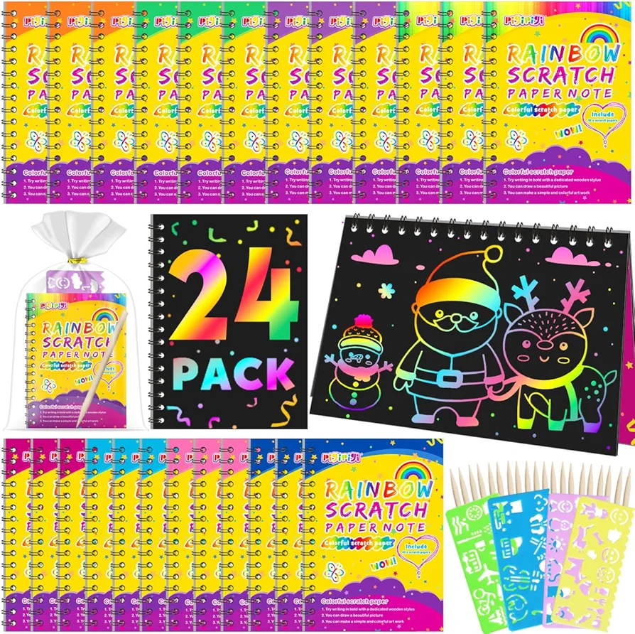 pigipigi Scratch Party Favors for Kids - 24 Pack Rainbow Scratch Notebook Set Art Paper Supplies for Boys Girls Age 3 4 5 6 7 8 9 Coloring Craft Party DIY Toy for Birthday Christmas Holiday Gifts