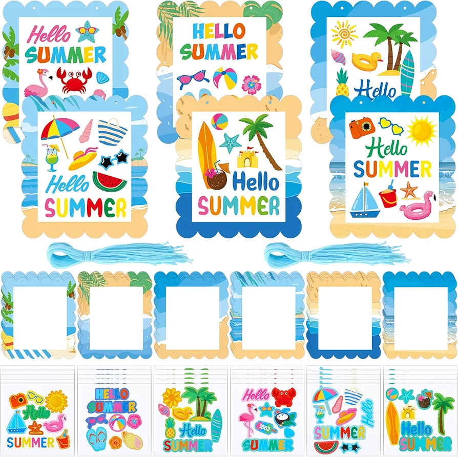 30 Pcs Summer Craft Kits for Kids Bulk Hanging Hello Summer Signs Summer Arts and Crafts Summer Themed DIY Crafts for Kids Fun Holiday Game Activities Classroom Decorations(Summer)