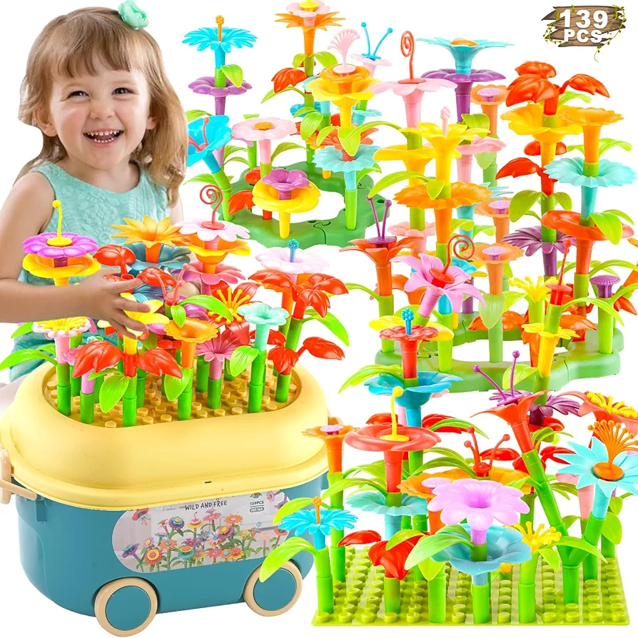 Eaciilee Flower Garden Building Toddler Toys for 3, 4, 5, 6 Year Old Girls, Build A Garden Blocks Stacking Toys with Storage Box, Educationcal Activity Preschool Birthday Gift for Kids(139 PCS)