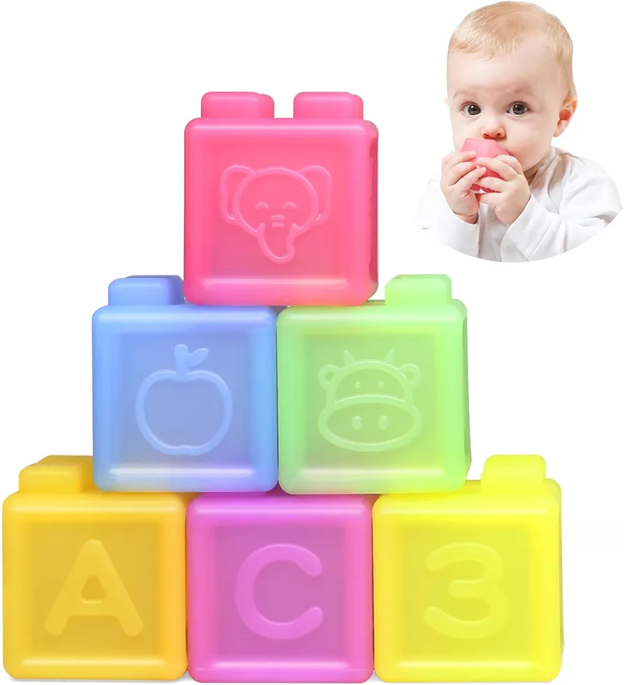 Soft Blocks Toys for Baby Aged 6 Months+.Travel Blocks.Stacking & Building & Constrution Toys for Toddler.6 Soft & Educational Blocks with Numbers, Shapes, Letters, Animals,Fruits.