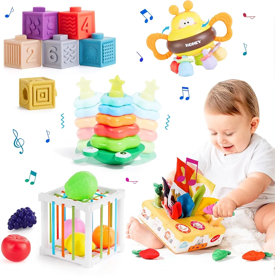 Baby Toys 6-12 Months, Montessori Toys for 1 Years Old, 5-in-1 Set Infant Toys with Sensory Toys, Shape Sorter for Babies, Baby Blocks, Stacking Toys, Learning Toys Gifts for Toddler Newborn