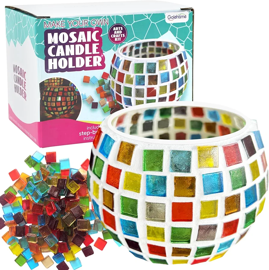 Glass Mosaic Candle Holder Kit, DIY Stained Glass Kit for Kids Adults Home Decor Fun Arts and Crafts Gifts for Kids Teens Adults Valentine Birthday Mother’s Day Gifts for Girls & Boys 6-8, 8-12