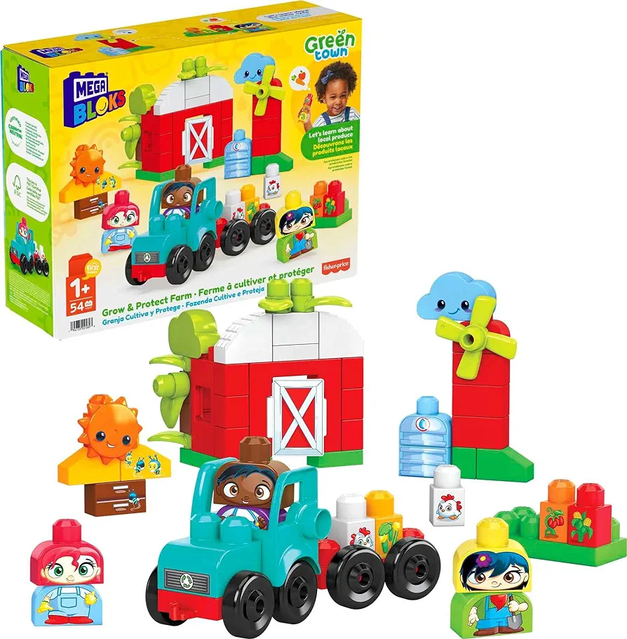 Mega BLOKS Fisher-Price Toddler Building Blocks Toy Set, Green Town Grow & Protect Farm with 51 Pieces, 3 Figures, Ages 1+ Years