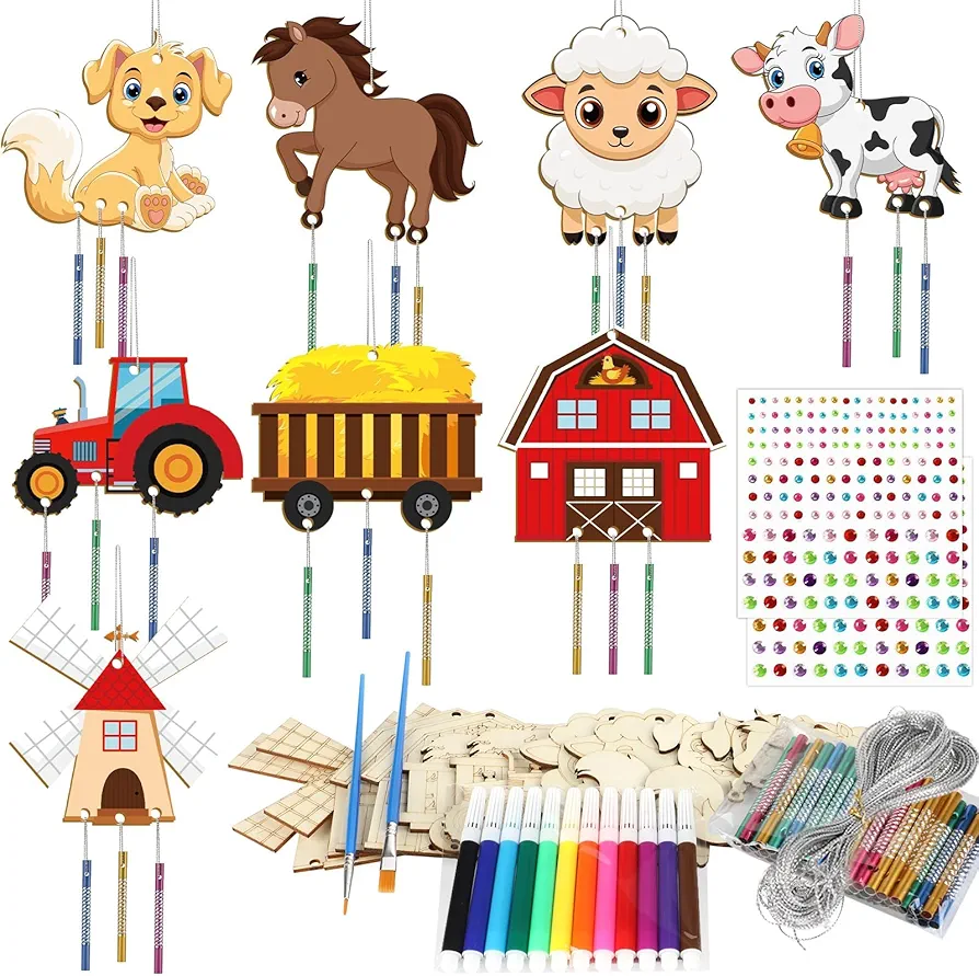 gisgfim 16 Pack Farm Animals Wind Chime Kits Crafts for Kids Make Your Own Farmhouse Wind Chime Wooden DIY Coloring Arts Crafts for School Home Barnyard Tractor Party Hanging Decoration Supplies Favor