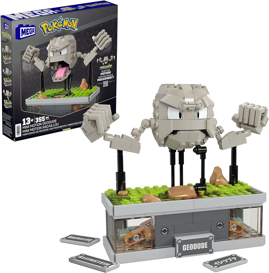 Mega Pokémon Building Toys Set, Mini Motion Geodude with 343 Pieces, 5 Inches Tall, Moving Arms and Mouth, Adult Collectible