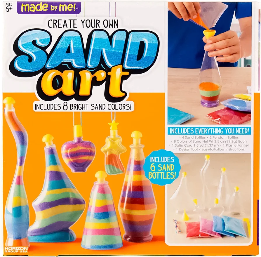 Made By Me Create Your Own Sand Art, 4 Sand Bottles & 2 Pendent Bottles with 8 Bright Sand Colors, Designing Tool & More, Great Staycation or Birthday Party Activity for Kids Ages 6, 7, 8, 9