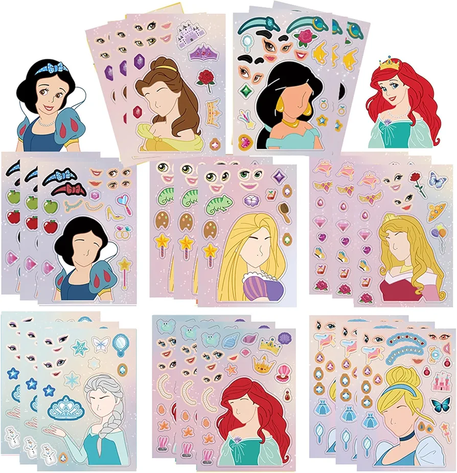 16 Sheets Princess Stickers for Kids, Make Your Own Princess Stickers, Girls Make a Princess Stickers, Princess Make a Face Stickers, Classroom Rewards, Princess Themed Art Craft Party Supplies.