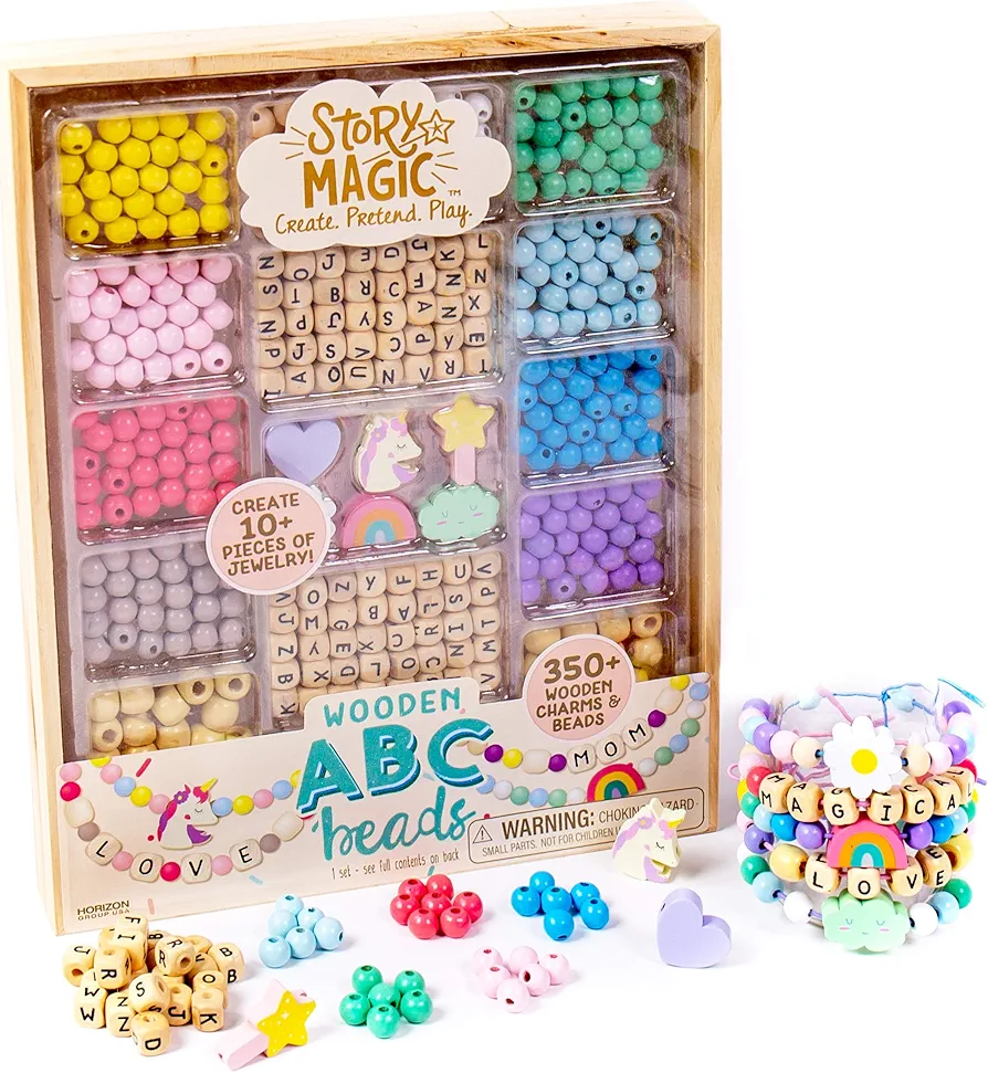 Story Magic Wooden ABC Bead Kit, Premium Wood Jewelry Making Kit, 350+ Wooden Beads & Charms for Beading Bracelets, Great for Playdates & Sleepovers, Arts & Crafts Kit Set for Kids Ages 4, 5, 6, 7