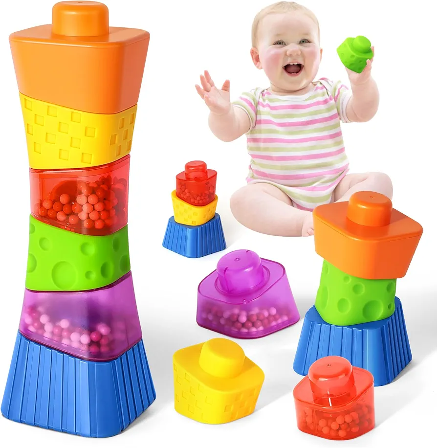 NPET 6pcs Soft Stacking Building Block Baby, Montessori Colorful Blocks Toy Teethers Toy Educational Squeeze Play with Shapes Exchange Textures Shape Rubber Blocks Variable Baby Block for Baby