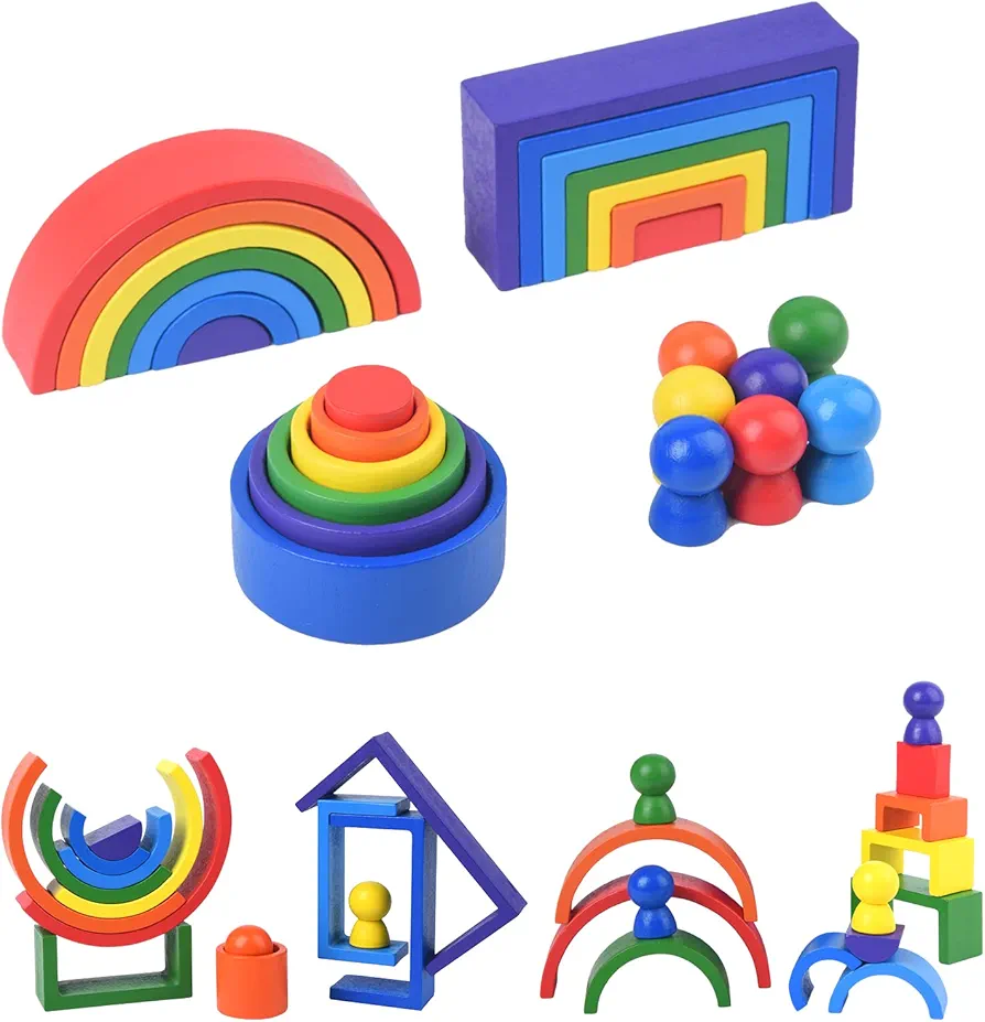 WODI Mini Wooden Rainbow Stacking Toy 27 PCS Early Educational Sorting Nesting Building Blocks Matching Games Montessori Sensory Toys Learning Gifts for Preschool Kids Boys and Girls Age 3+