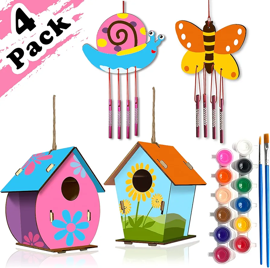 Arts and Crafts for Kids Ages 4-8 8-12, 2 Pack DIY Bird House Wind Chime Kids Crafts, Craft Kits for Girls Boys Toddlers 4-6 6-8, Painting Kits Includes Paints & Brushes