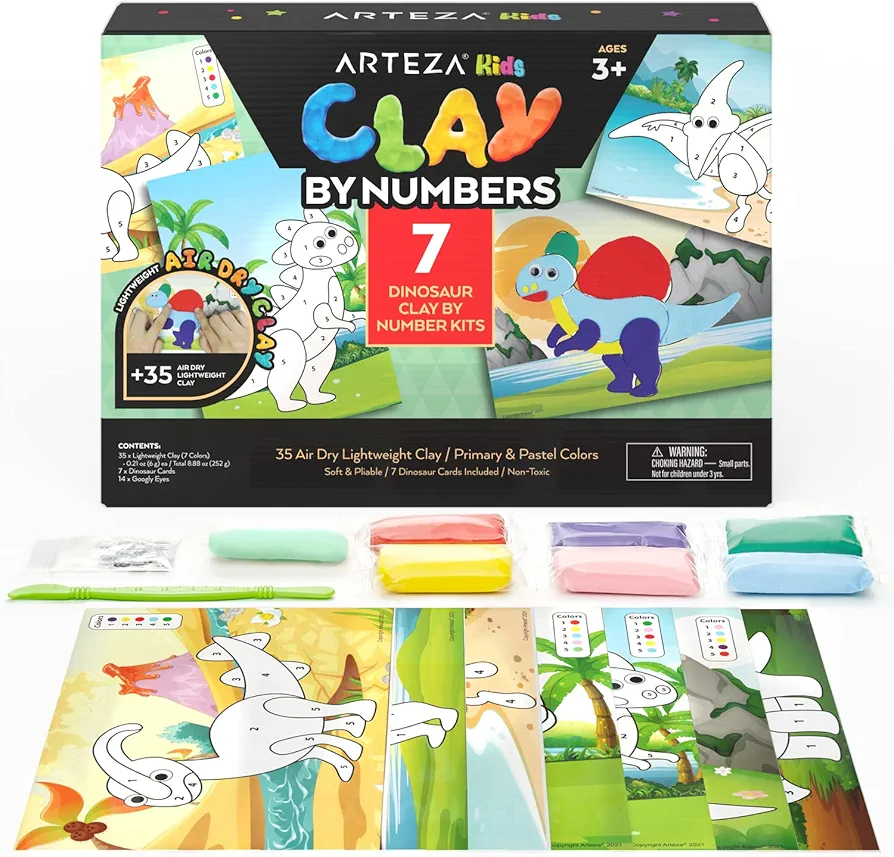 Arteza Kids Air Dry Clay, 35 Bars, Dinosaur Modeling Clay by Numbers Kit, Craft Supplies for Learning Centers and Educational Playtime