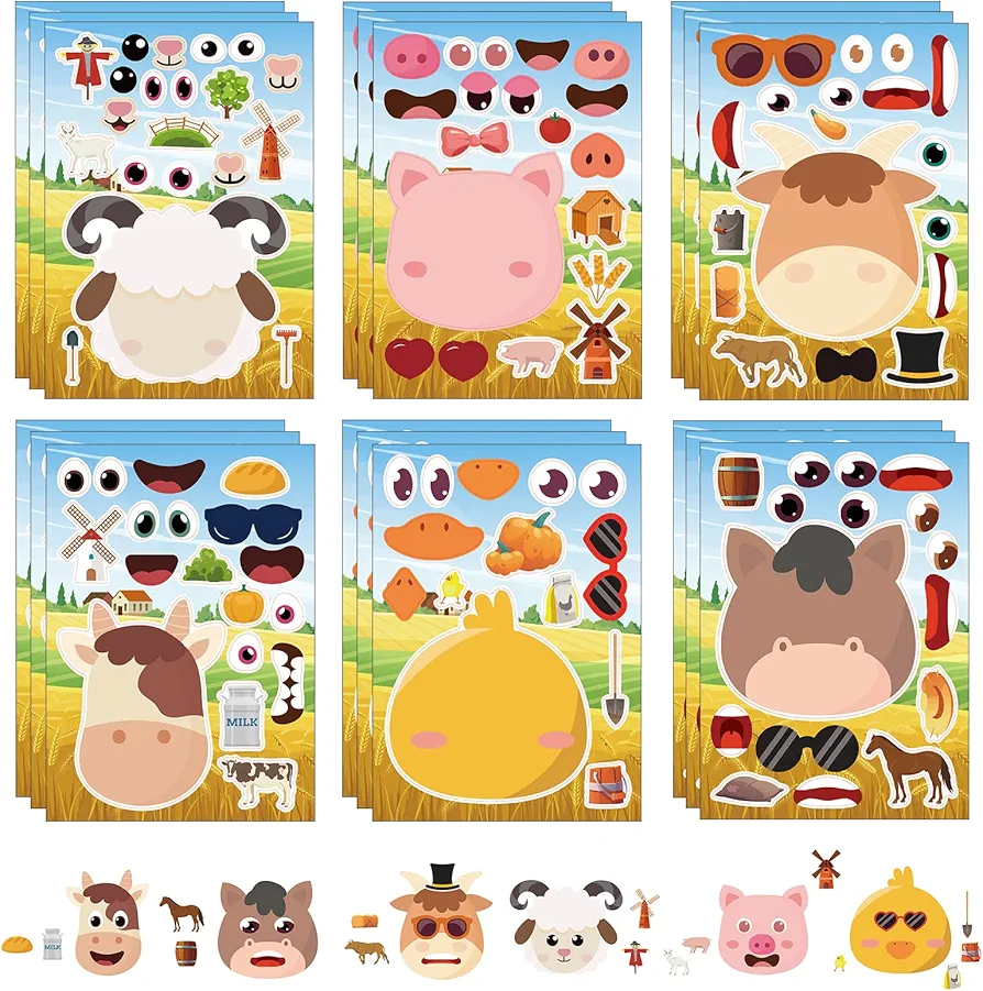 24 Sheets Farm Animal Make a Face Sticker Sheets for Kids Todders Activities, Make Your Own Stickers for Kids Birthday Party Favor Supplies Craft