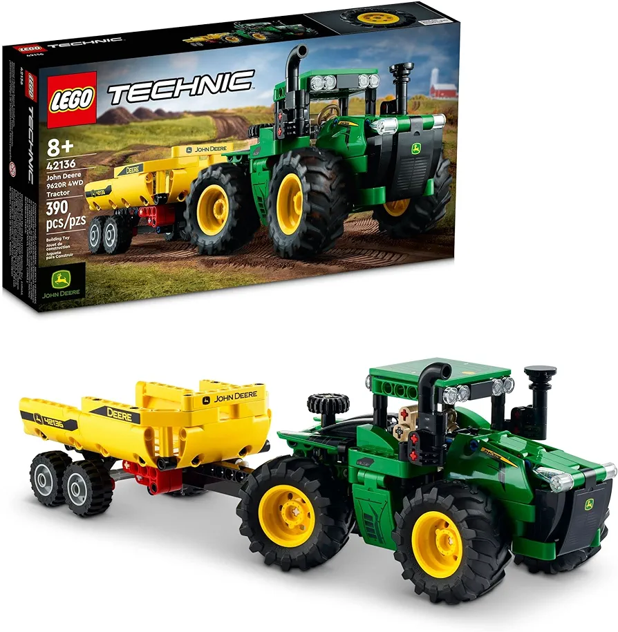 LEGO Technic John Deere 9620R 4WD Tractor Toy 42136 Building Toy - Collectible Model with Trailer, Featuring Realistic Details, Construction Farm Toy for Kids Ages 8+