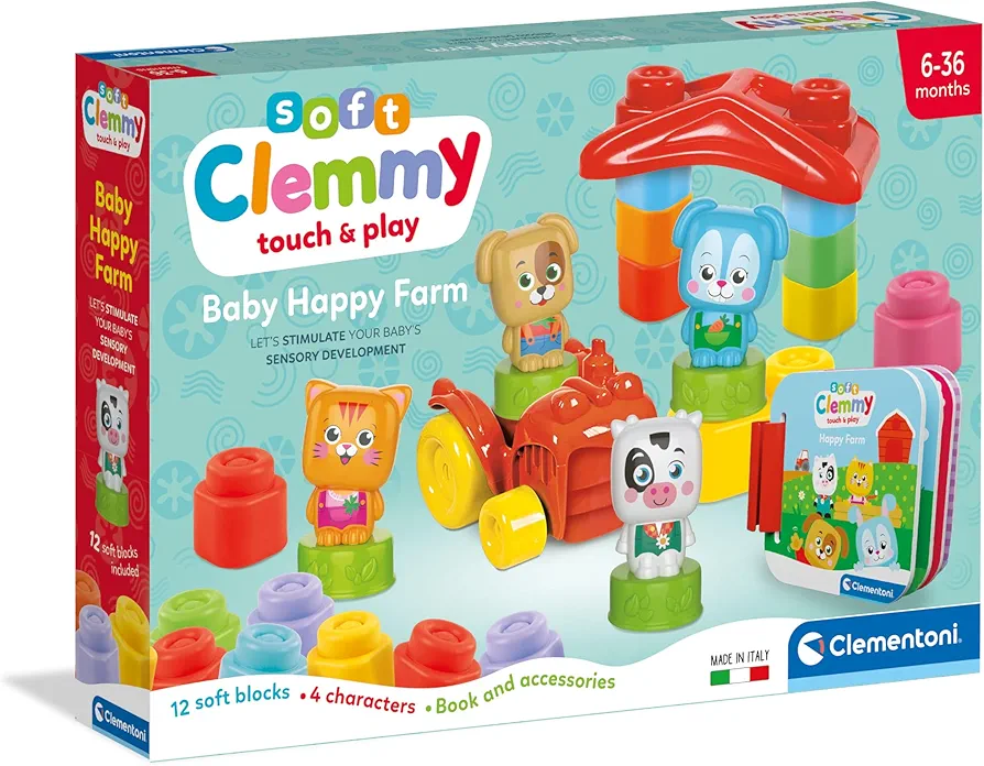 Clementoni - 17884 - Soft Clemmy - Baby Happy Farm - Early Childhood Construction Set, Clemmy Soft Bricks, Blocks Children 6 Months, Sensory Play, Washable, Made in Italy