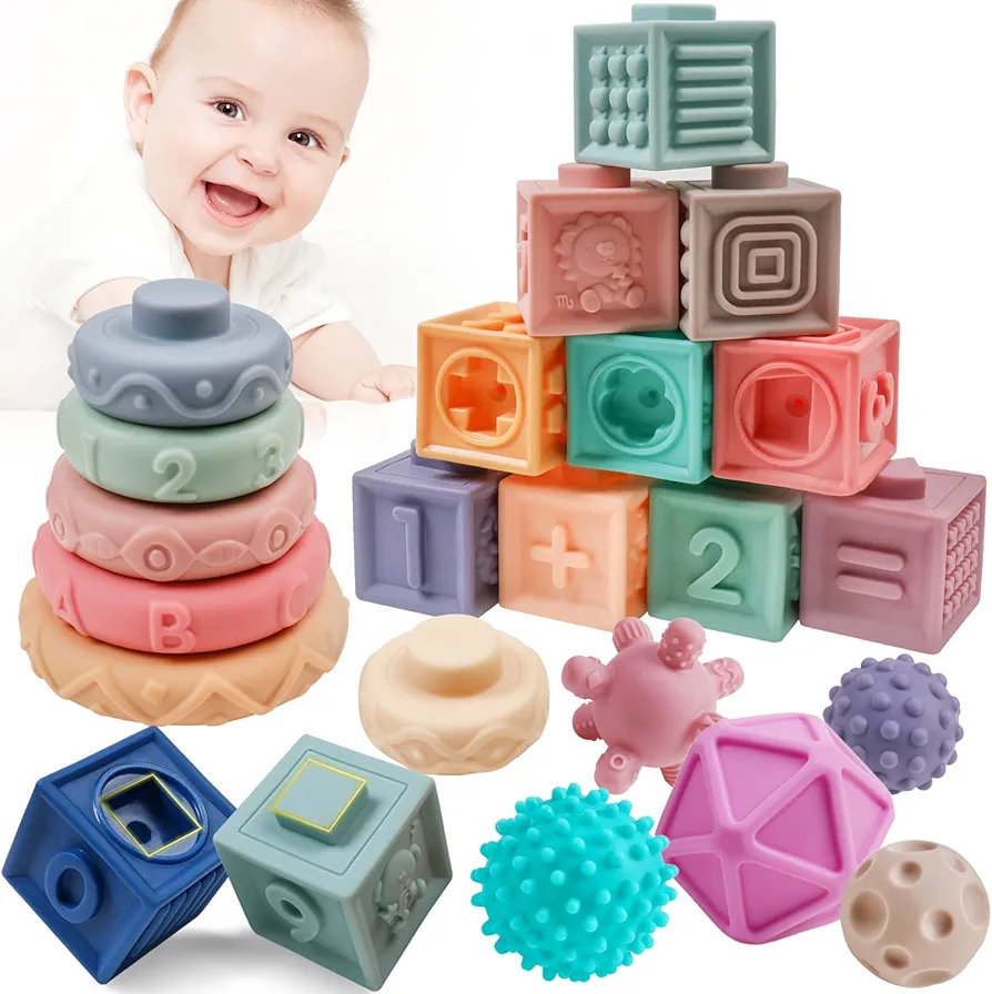 Baby Building Stacking Blocks Sensory Montessori Toys for 6 to 18 Months 1-3 Years Toddler Infant Teething Squeeze Learning Educational Bath Baby Toys with Shapes, Numbers, Fruit and Textures