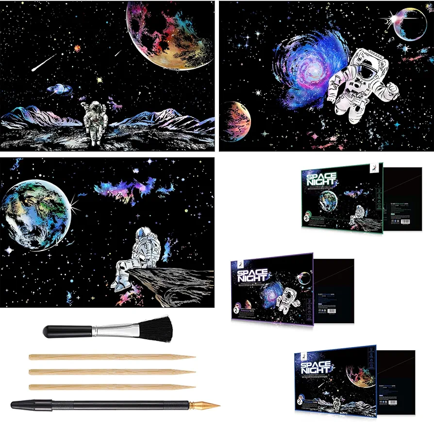 Space Series Scratch & Engraving Art Paper Kit (16"x11.2") for Kids & Adults - Rainbow Sketch Cosmos Astronaut Starry Sky Painting Painting Scratchboard- 3 Pack with 5 Tools: Drawing Pens, Clean Brush