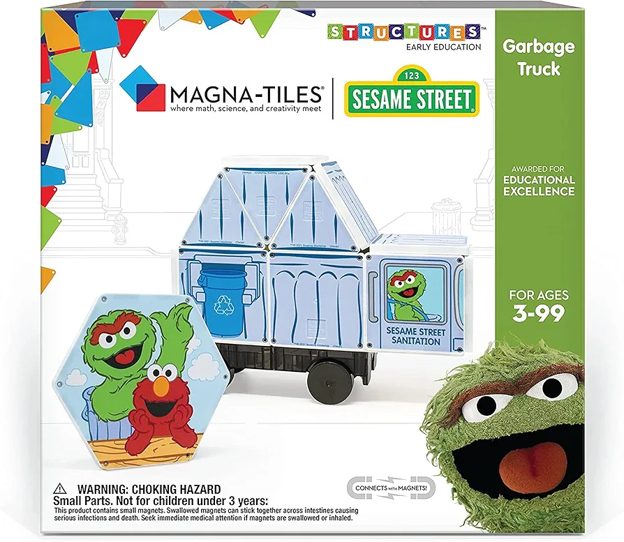 CreateOn Magna-Tiles Garbage Truck Toy Magnetic Kids’ Building Tiles, Oscar The Grouch and Elmo “Sesame Street” Toy for Ages 3+, 21 Pieces