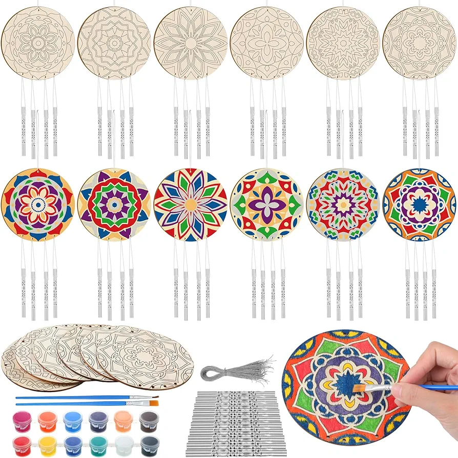 24 Sets Mandala Wind Chimes Craft for Kids Color Your Own Mandalas Windchime DIY Unfinished Wood Hanging Ornaments Mandalas Coloring Wind Chime for Kids Gifts School Home and Party Supplies