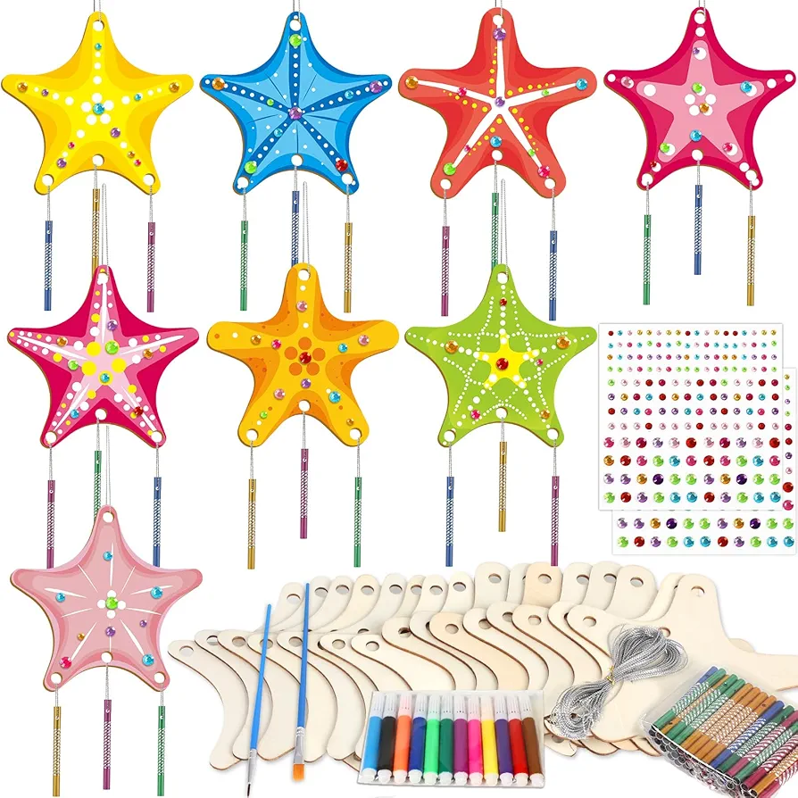 gisgfim 16 Pack Star Wind Chime Kits Star Crafts for Kids Make Your Own Star Wind Chime Wooden DIY Arts and Crafts for Summer Party School Classroom Decorations Supplies Birthday Favors