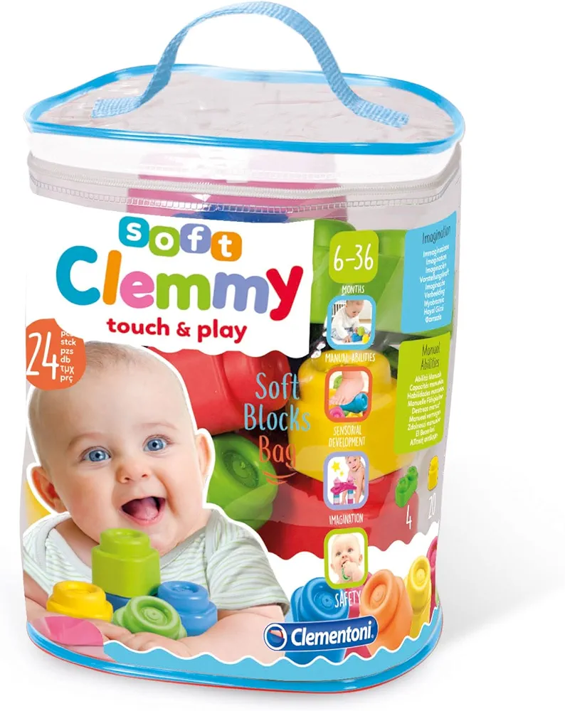 Clementoni- Baby Clemmy Soft Blocks (24pcs) - Safe & Scented Building Set for Sensory Play & Early Learning (6+ Months)