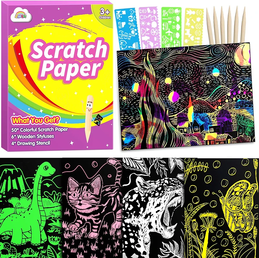 ZMLM Scratch Art Paper Kit: 50pcs Magic Scratch Papers Craft Set 5 Bright Color Drawing Bulk Supplies for Age 3 4 5 6 7 8 Year Old Boy Girl Kid Toy Gift for Birthday Christmas Halloween