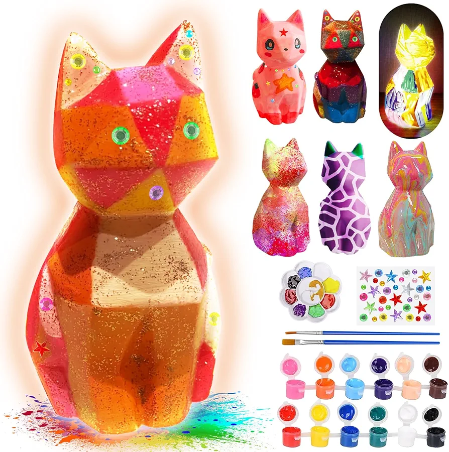 Paint Your Own Cat Lamp Kit, Art Supplies & Crafts Kit, DIY Night Light for Kids 6-12, Diamond Set for girl 8-12, Painting Kit for Girls Boys, Toy Child Birthday Gift Ages 3 4 5 6 7 8 9 10 11 12+