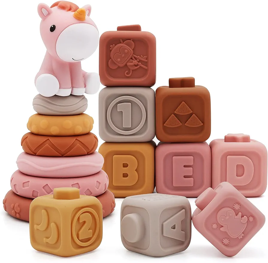 Nueplay 13 Pcs Building Circle & Blocks, Stacking & Nesting Baby Toys with Horse Figure, Newborn Essentials Squeeze Teething Toy Gifts for 6 12 18 Months Baby Toddler Girls