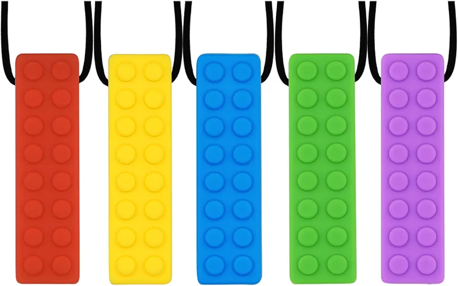 Chew Necklaces for Sensory Kids, 5PCS Building Block Silicone Chewy Necklace for Boys and Girls with Autism Biting Chewing, BPA Free Teether Toys for Baby Toddler and Infant Teething