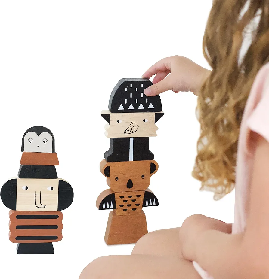 Wee Gallery Animal Tower Block Set - Wooden Building Blocks, STEM Learning Toy, Balance Game, Creative Building, Motor Skills, Quality Wood Pieces, for Children, Kids, Adults, Wild Animals Decor