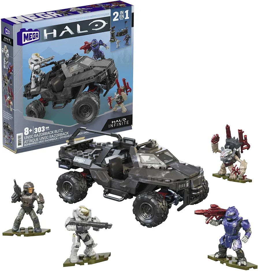 Mega Halo Infinite Toy Car Building Toys Set, UNSC Razorback Blitz Vehicle with 303 Pieces, 4 Micro Action Figures and Accessories, Gift Ideas