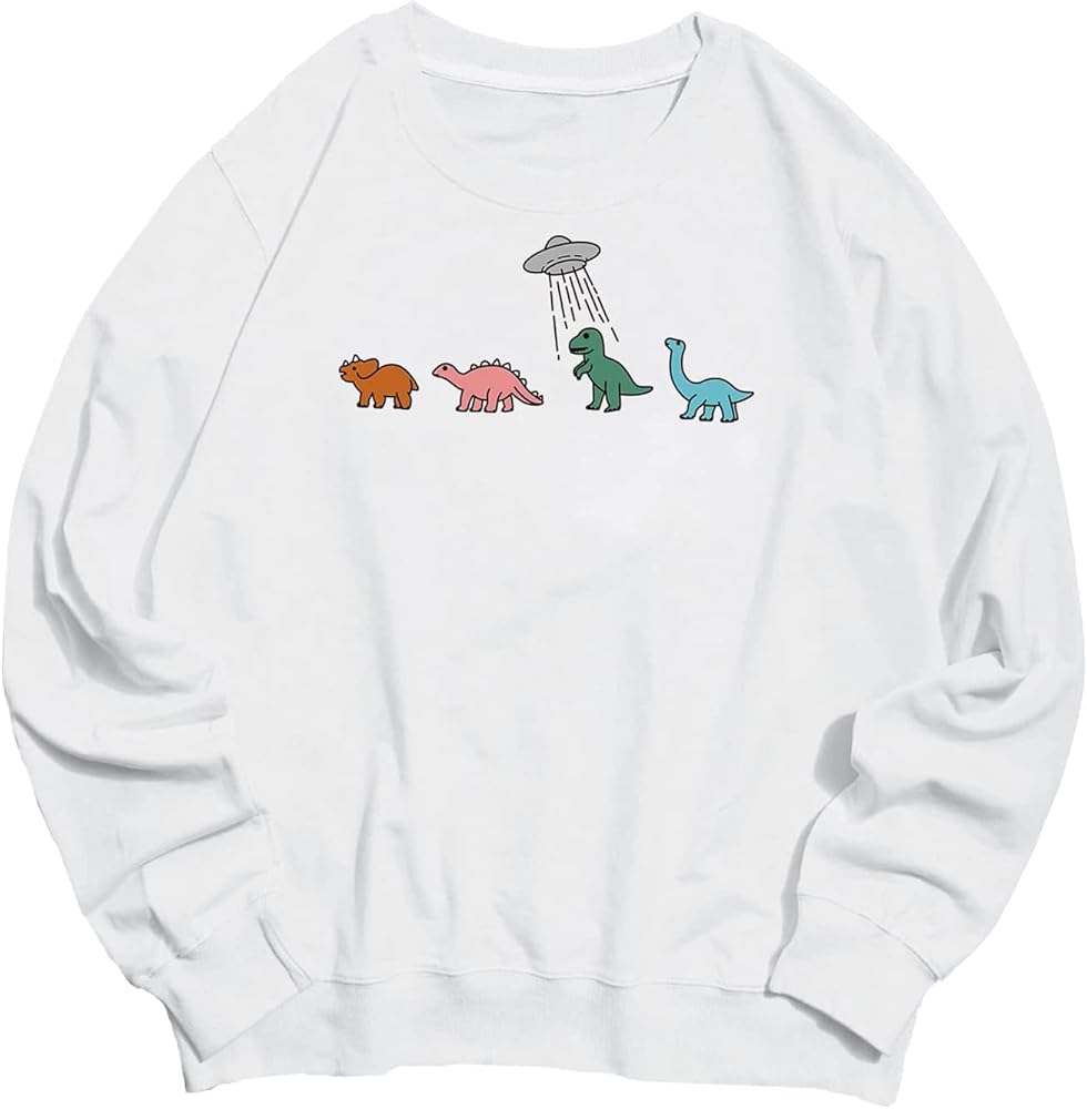 WDIRARA Men's Cartoon Dinosaur Graphic Print Long Sleeve Round Neck Sweatshirt