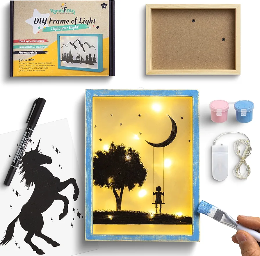 ROMI'S WAY DIY Frame Night Light – Crafts for Girls Ages 6-8-12 – Drawing Arts and Crafts for Kids – DIY Craft Kits for Girls & Boys – Art Supplies Kits for Kids – 6 89 Year Old Girl Gifts